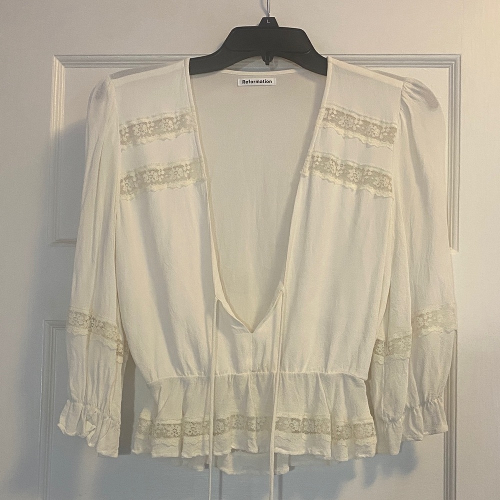 Reformation Cream Lace Accent Blouse